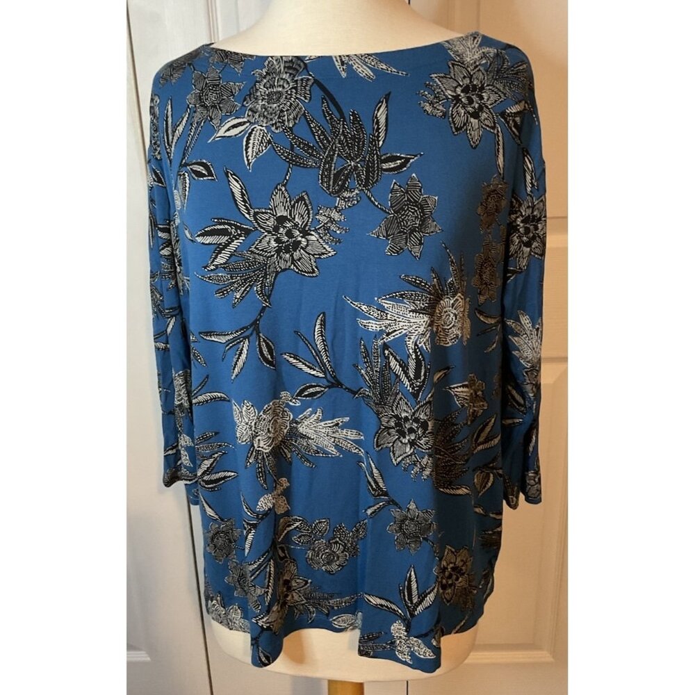 J Jill‎ Blue Black Floral 3/4 Sleeve Blouse Top Size Large
